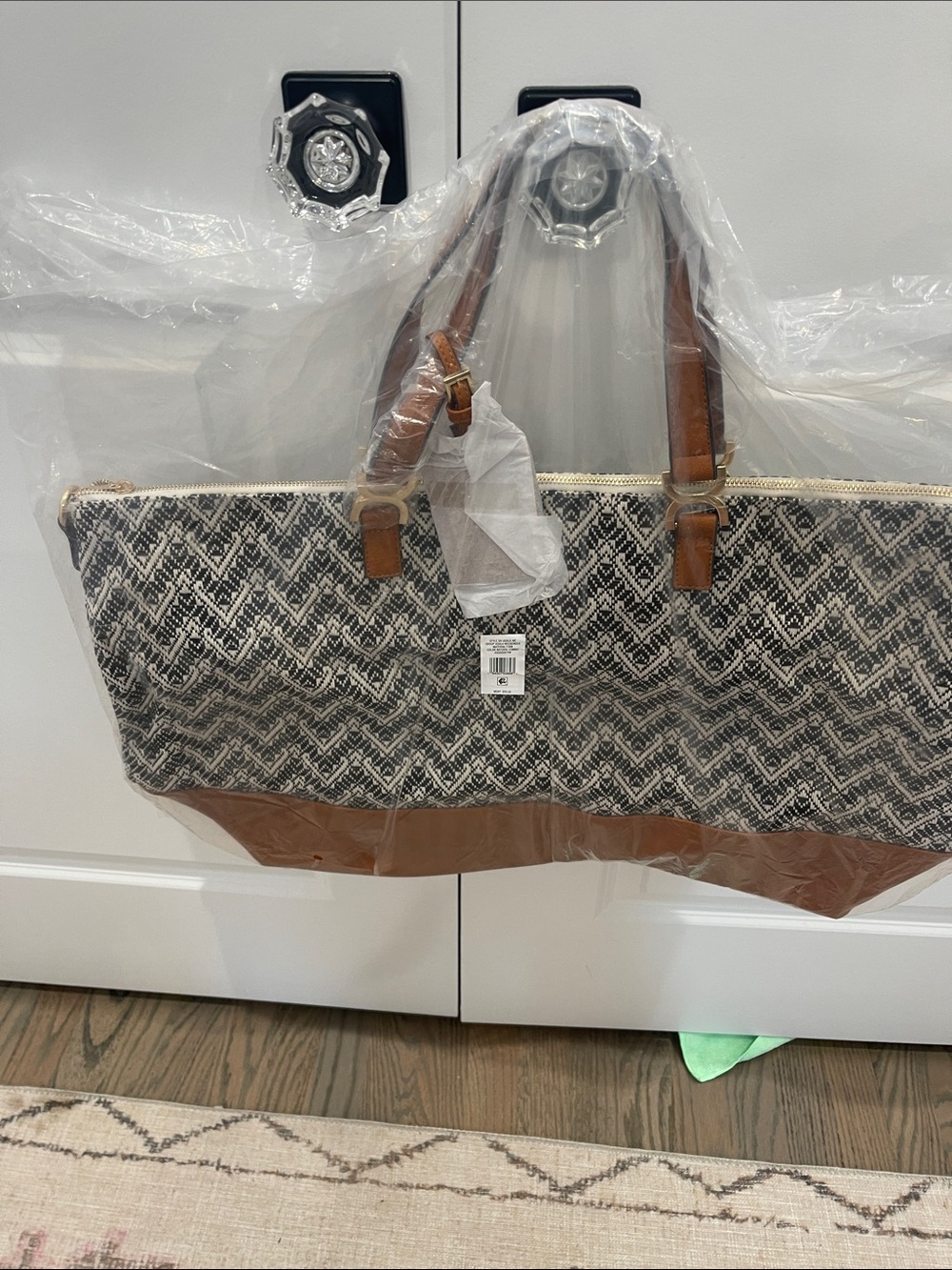 Sole Society Black & Cream Woven Weekender with Tan Trim